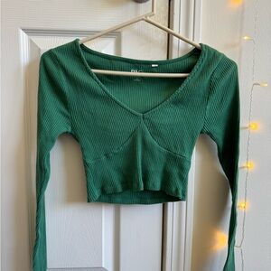 Ribbed Green V-Neck Top